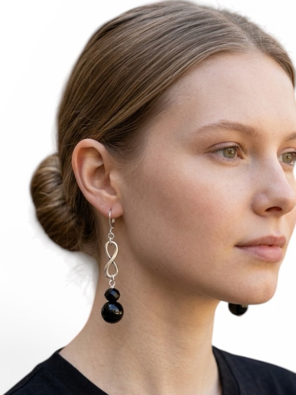 HAND CRAFTED SILVER INFINITY DANGLE EARRINGS Black Faceted Stacked Bead Drop